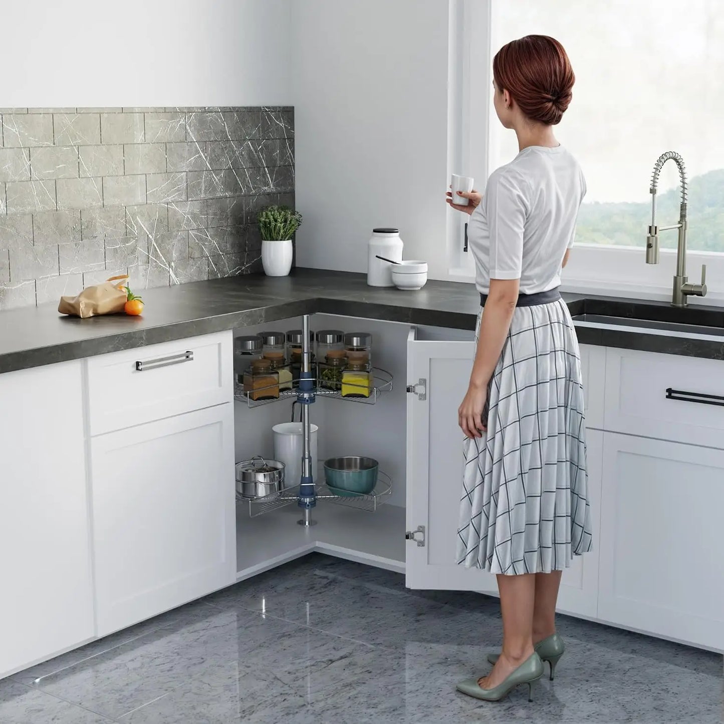Cabinet Kidney Shape Dia.28 270° Lazy Susan, 2 Shelves, Kitchen Base Corner Cabinet Organizer (Chrome 4001 270 28)