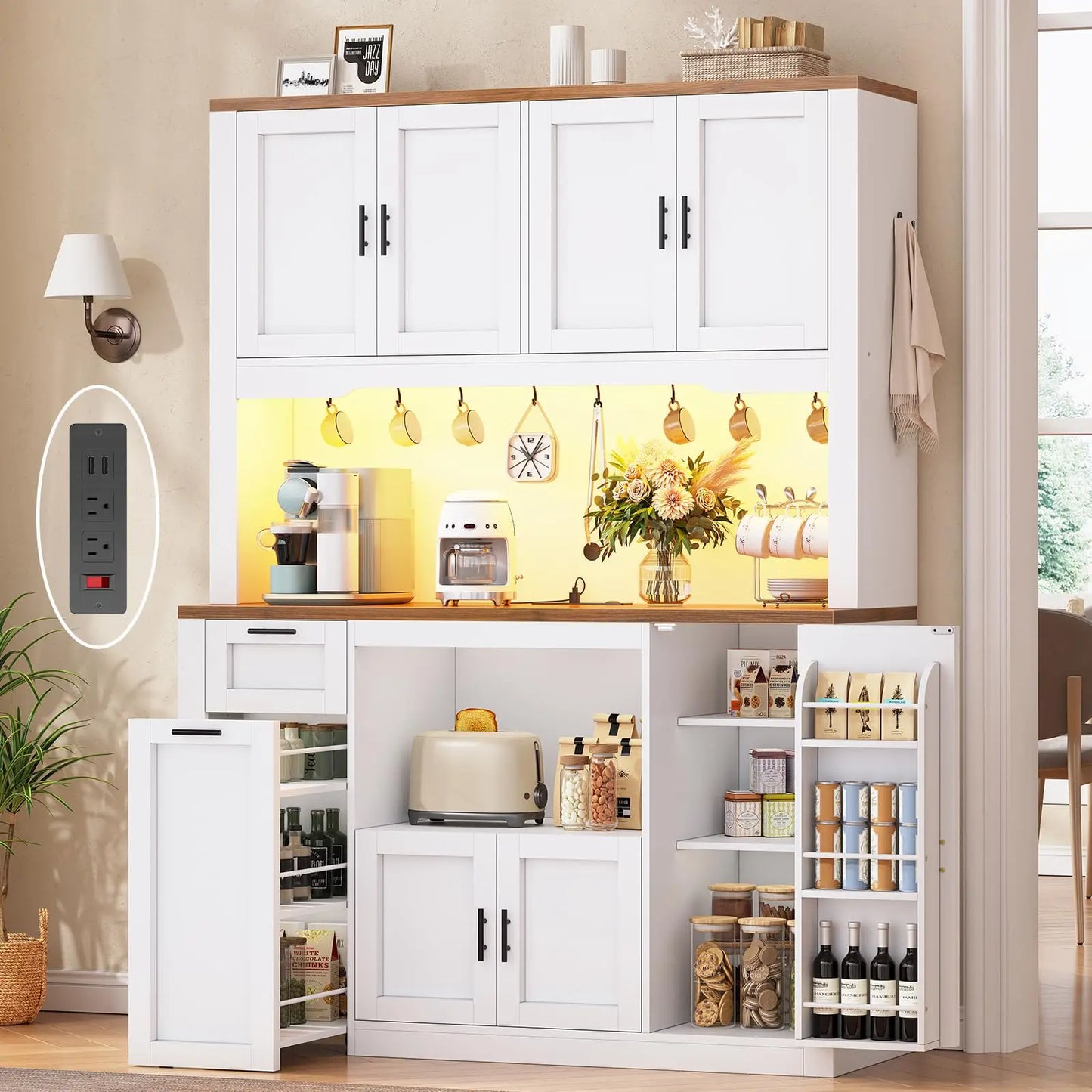 Pantry Cabinet With Charging Station And LED Light