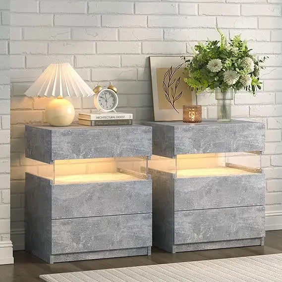 Modern LED Nightstand Set of 2 With 3 Drawers Storage