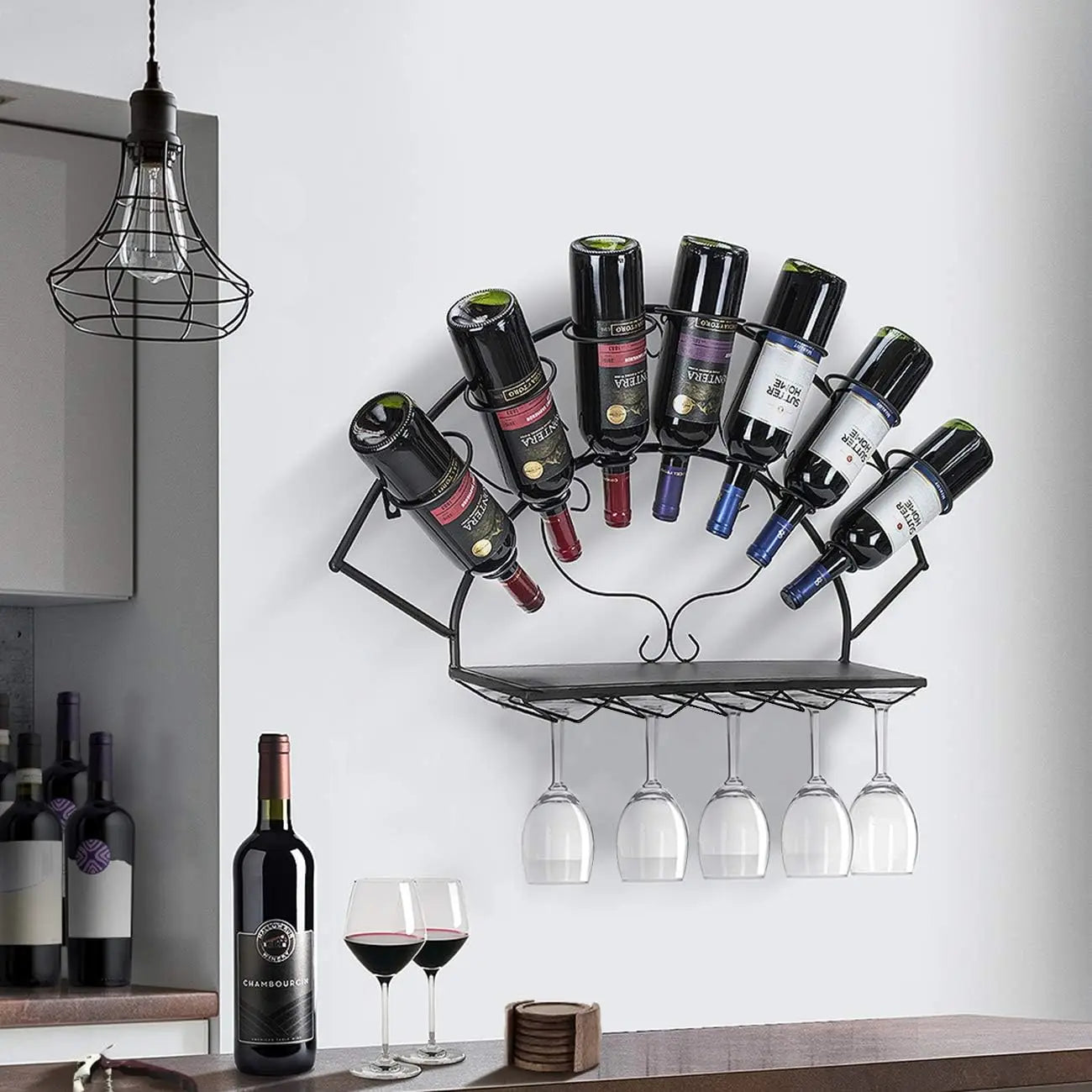 Wall Mounted Wine Bottle and Glass Rack Holds 7 Bottles and 5 Glasses