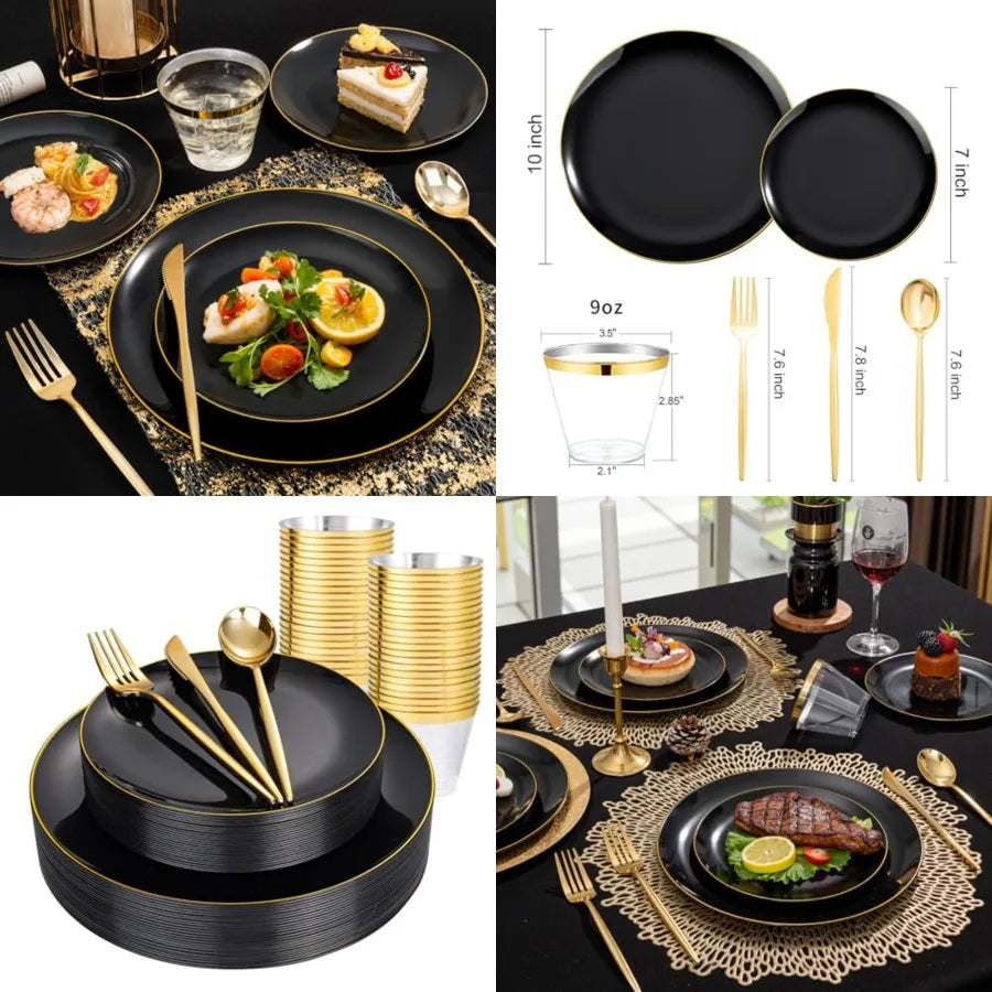 150PCS Black and Gold Plastic Plates - Black Gold Plastic Dinnerware Set Disposable - Include 25 Dinner/ 25 Dessert Plates, 25