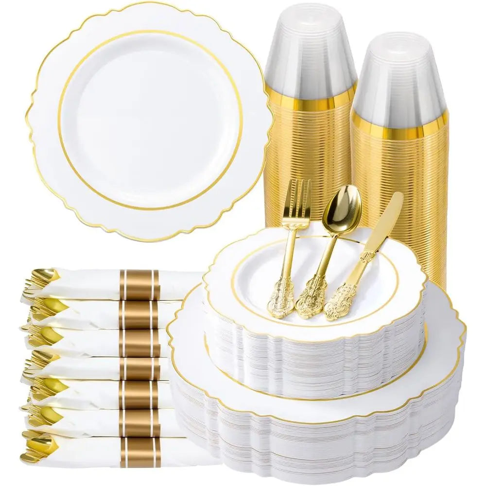 Elegant White Gold Plastic Dinnerware Set for 350 Guests or Baroque Disposable Partyware with 100 Plates, 50 Napkins, Silverware
