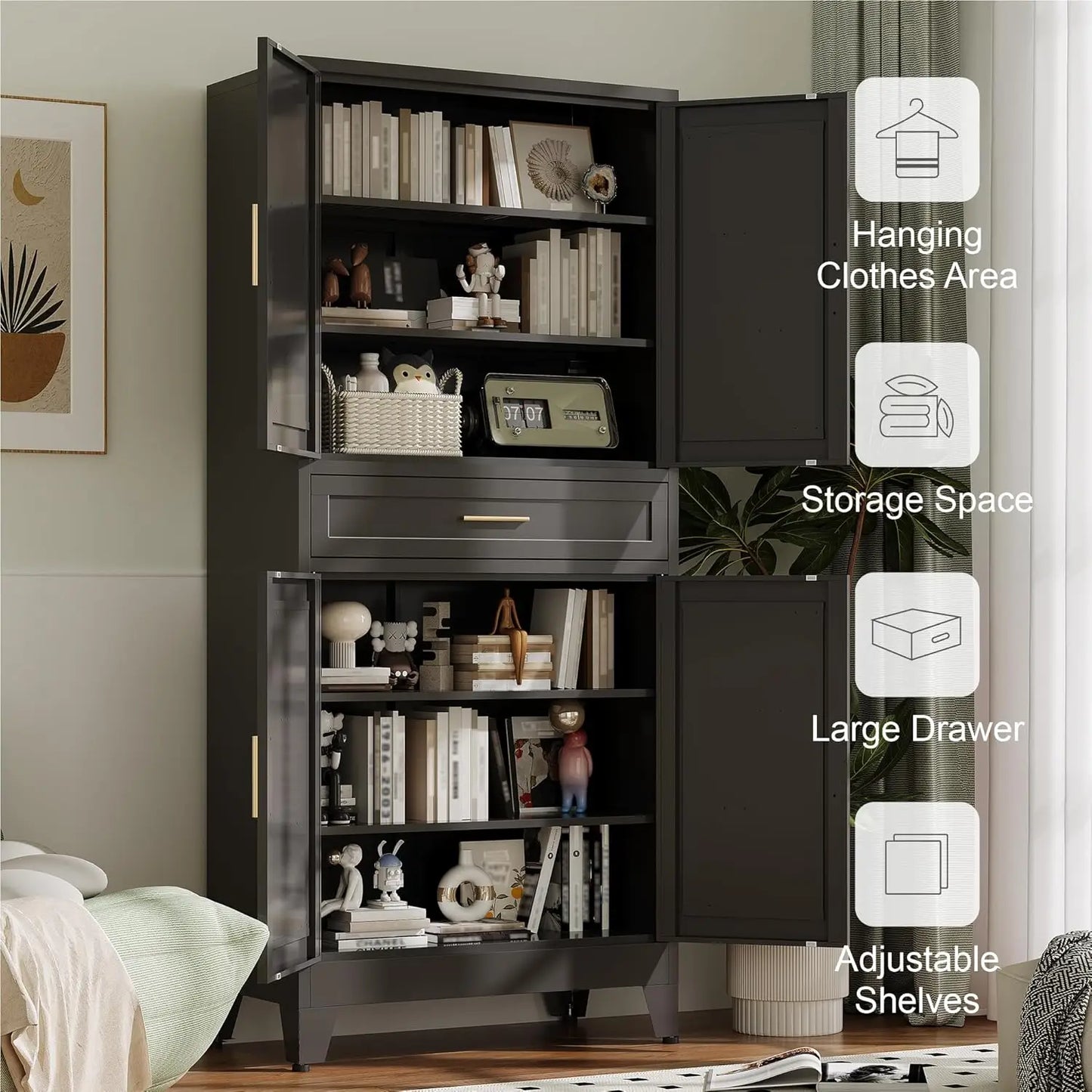 Farmhouse Metal Storage Cabinet With Drawers And Adjustable Shelves