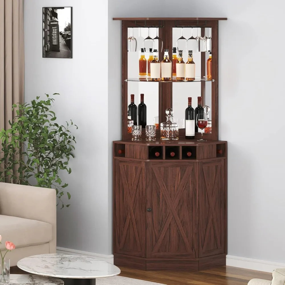 Corner Industrial Bar Cabinet Wood Wine Table For Liquor