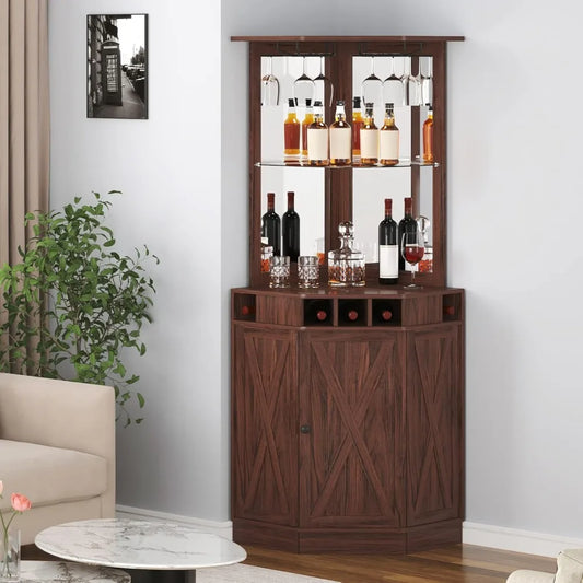 Corner Industrial Bar Cabinet Wood Wine Table For Liquor
