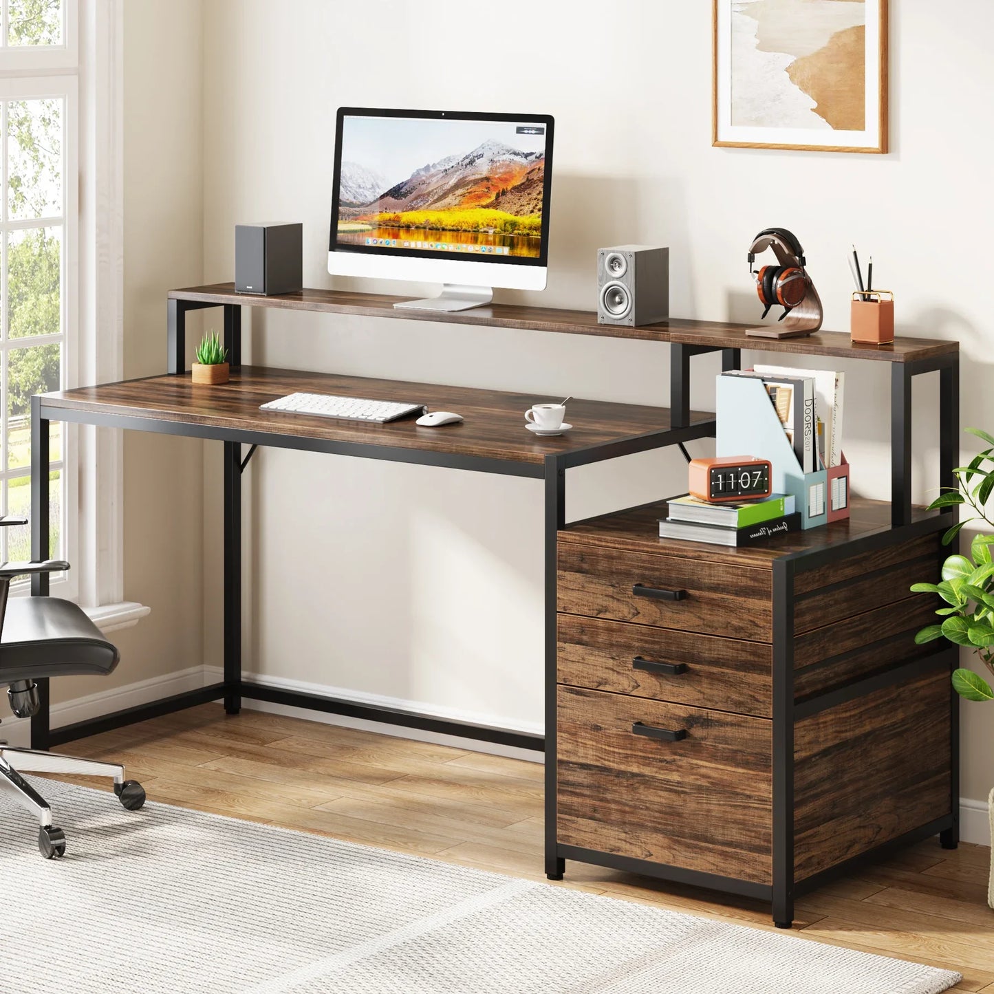 Tribesigns Ergonomic Computer Desk With File Drawer And Monitor Stand