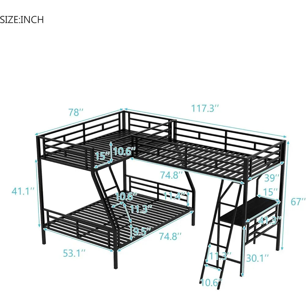 Triple Bunk Bed With Desk Metal Frame For Kids Teens Adults
