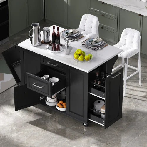 50.7in kitchen island with storage tilt bin cabinet and pull-out cabinet,5-wheel rolling kitchen island with fallen leaves,black