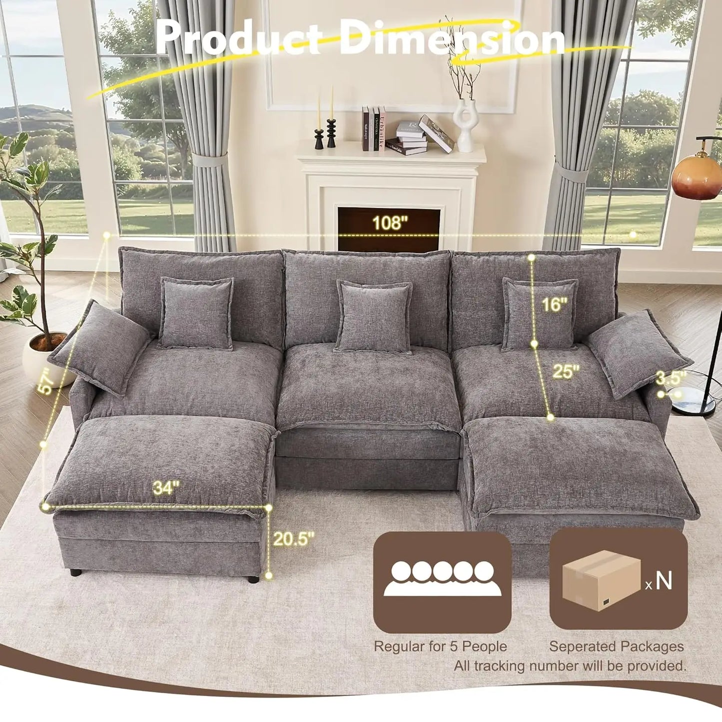 Modular U Shaped Sectional Sofa With Movable Ottoman