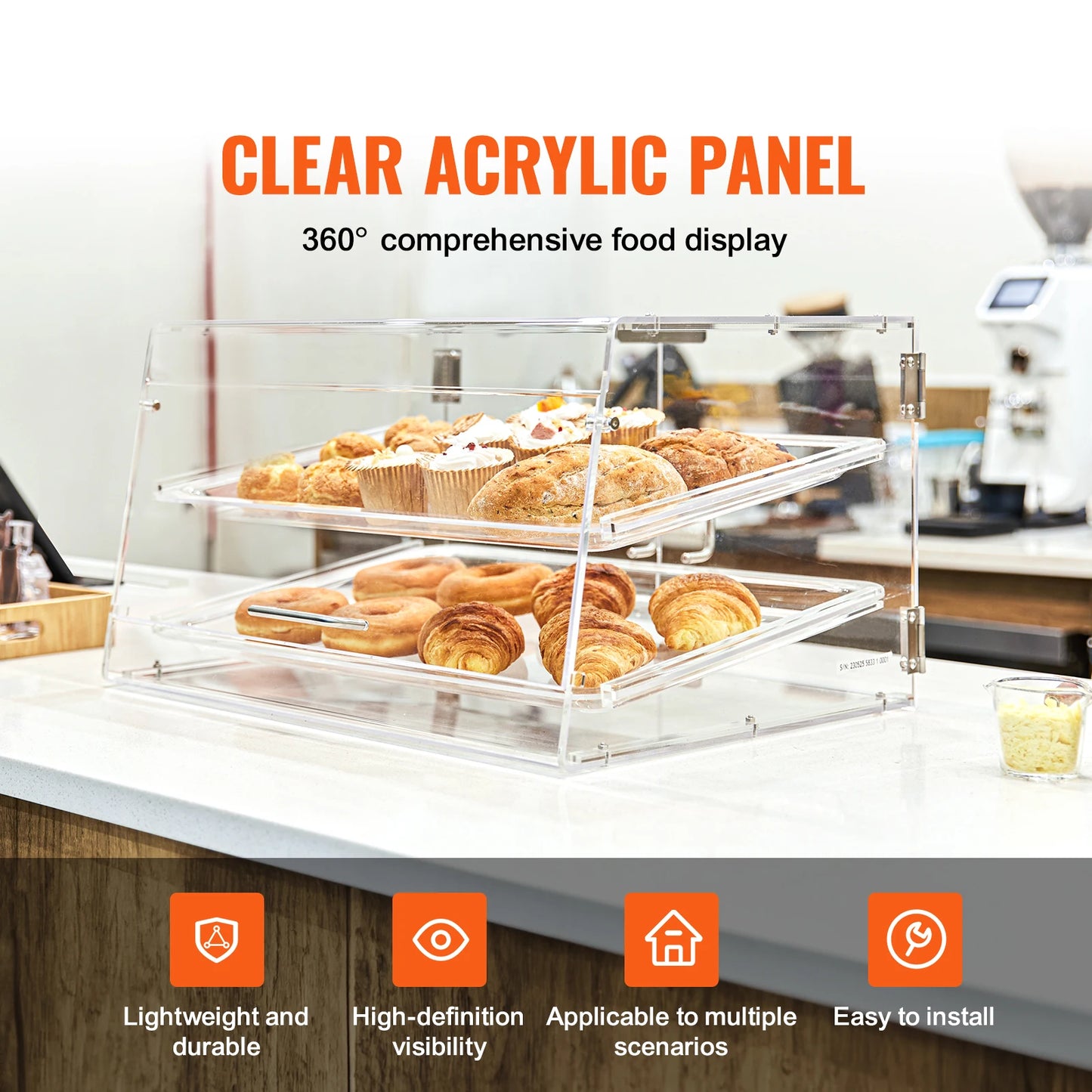SucceBuy 2 Tray Clear Pastry Display Case Acrylic Commercial Countertop Bakery Display Case with Front and Rear Door for Bread