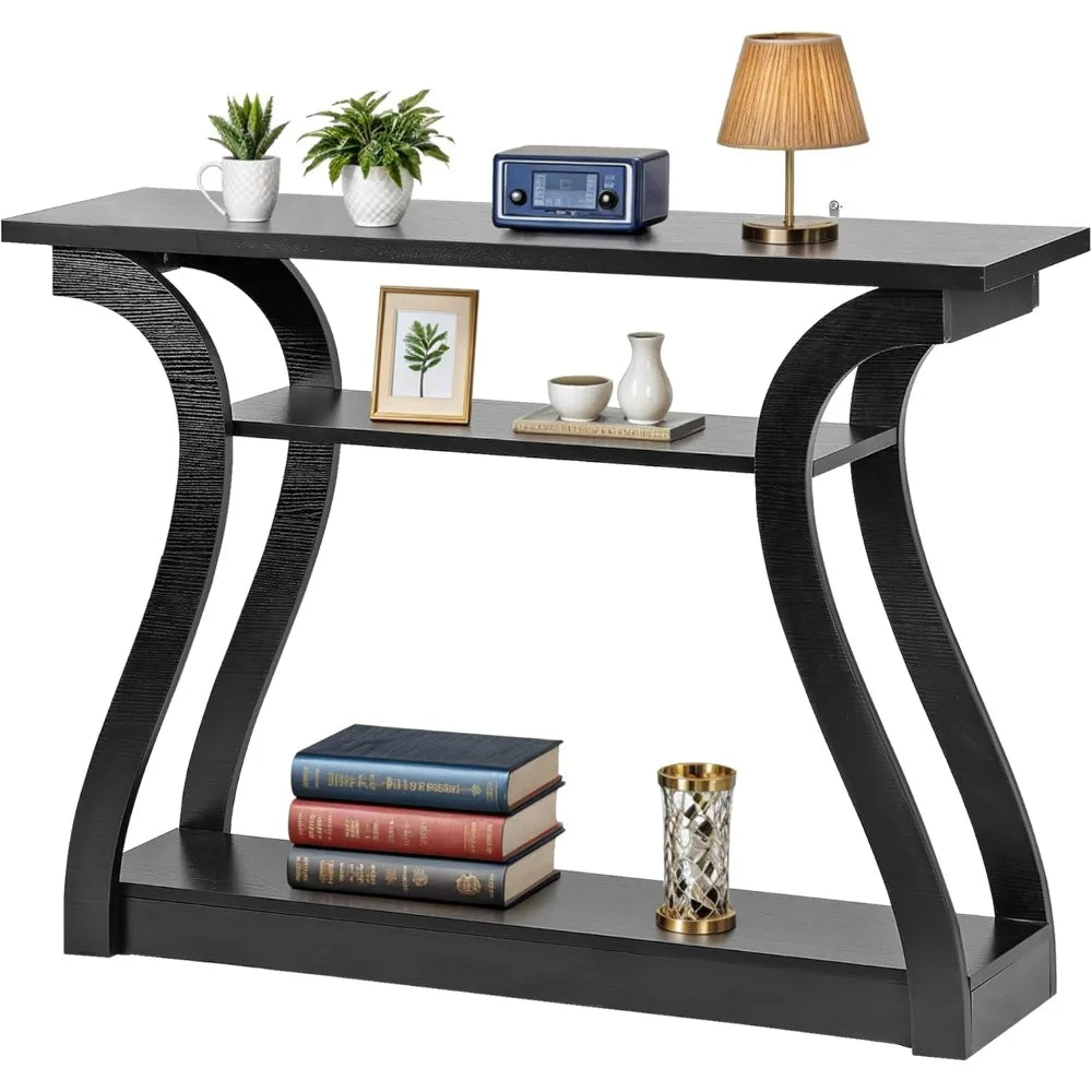 Wood Console Table With Three-Tier Storage Shelves