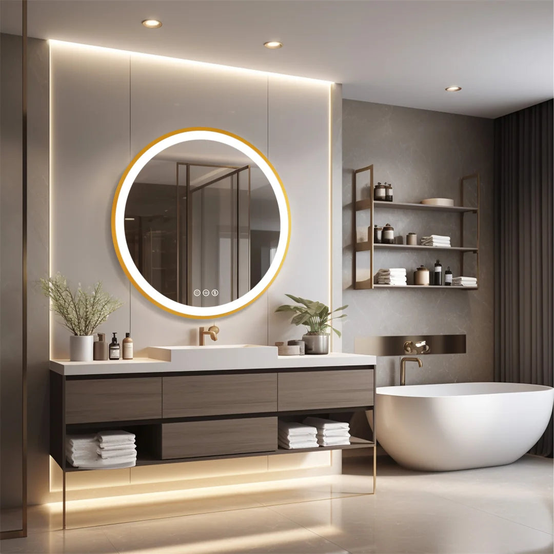 LUVODICRI Gold Frame LED Bathroom Mirror With Defog And Dimming