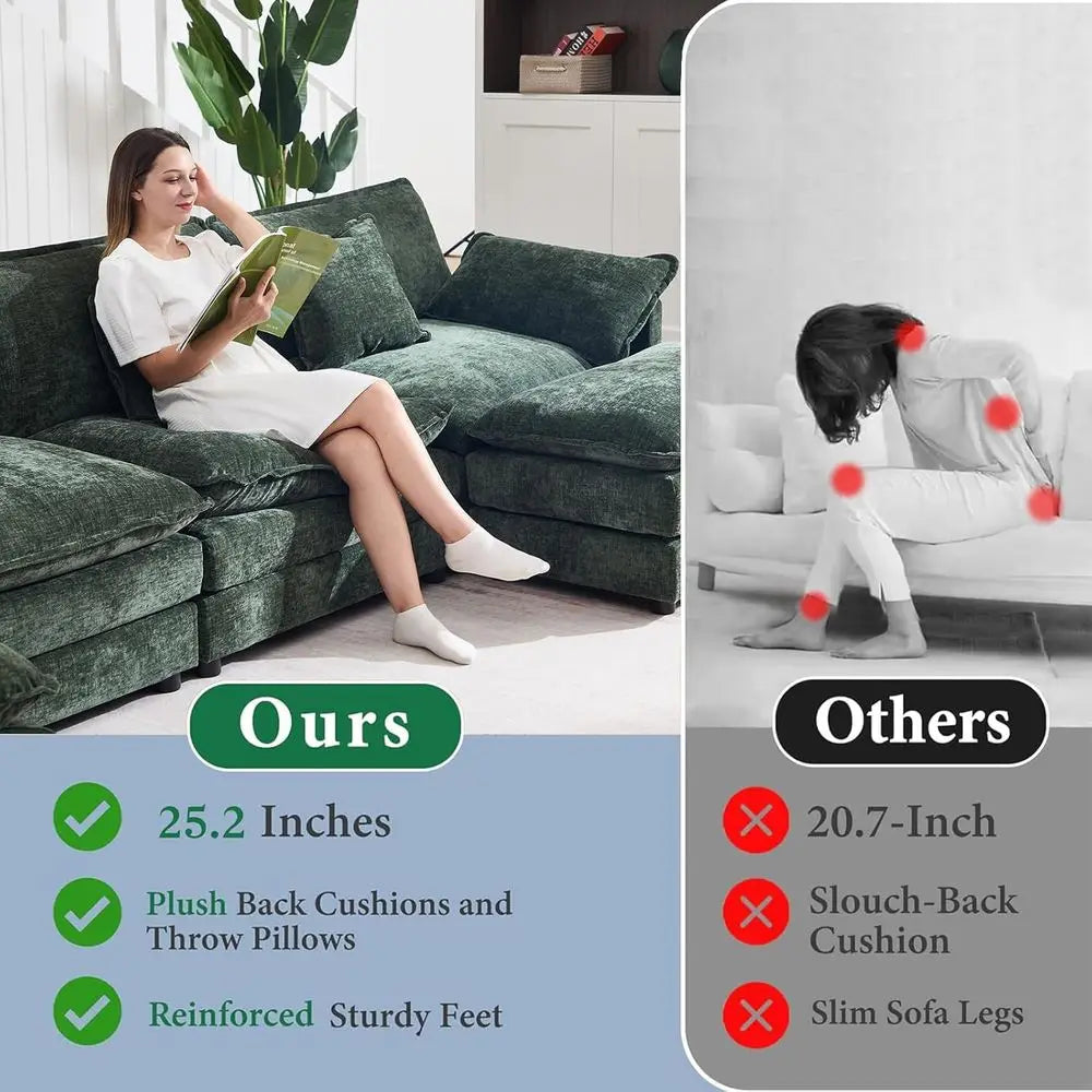 Chenille Cloud Couch With Movable Ottoman L Shaped Sectional Sofa