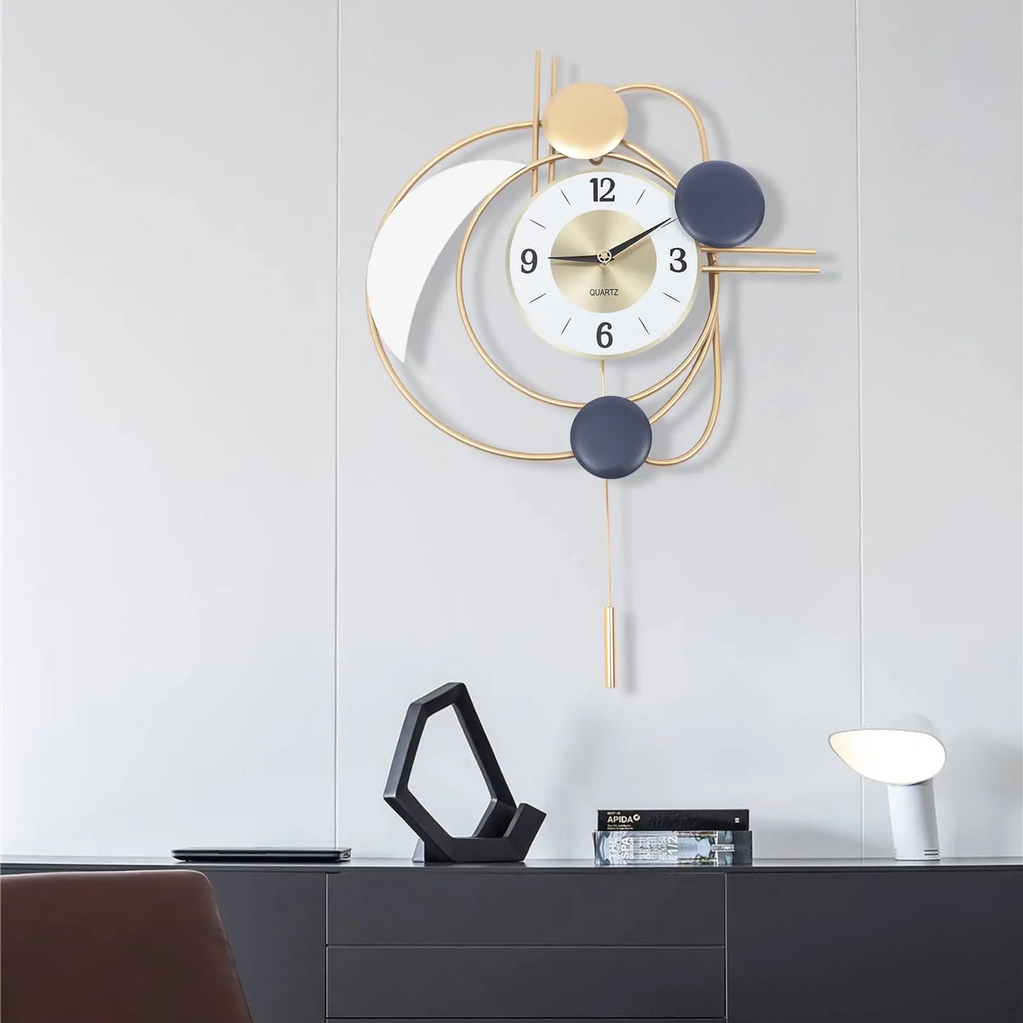 Modern Metal Wall Clock With Silent Quartz Movement And Swing Pendulum