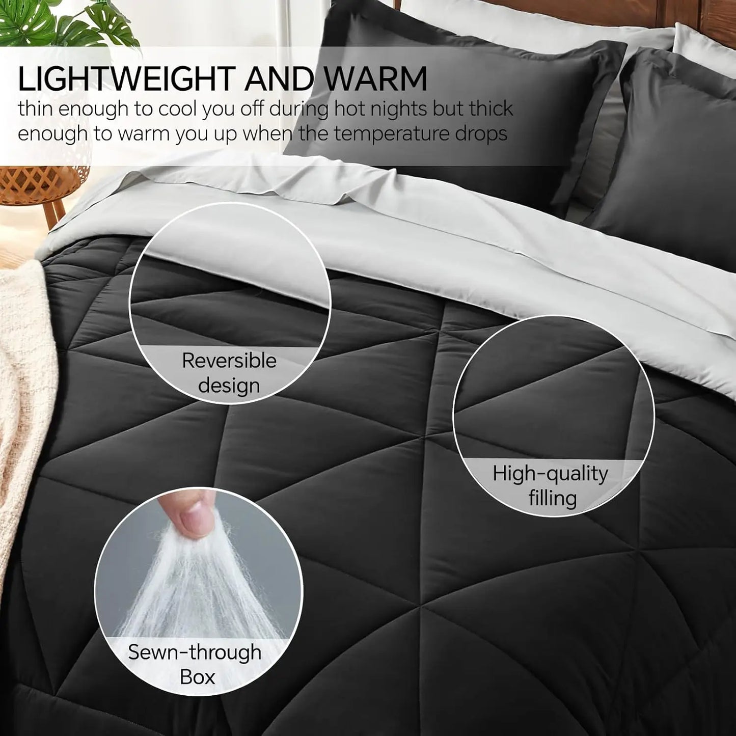 Queen Comforter Set 7 Pieces Bed in a Bag - Soft Microfiber Reversible Black Bedding for All Seasons