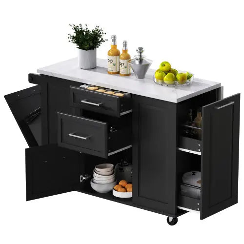 50.7in kitchen island with storage tilt bin cabinet and pull-out cabinet,5-wheel rolling kitchen island with fallen leaves,black