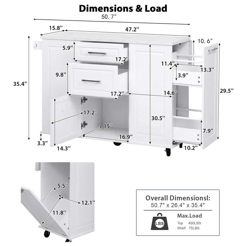 50.7" Kitchen Island with Storage Tilt Trash Can Cabinet and Pull Out Cabinet Organizer, Rolling Kitchen Island with 5 Wheels