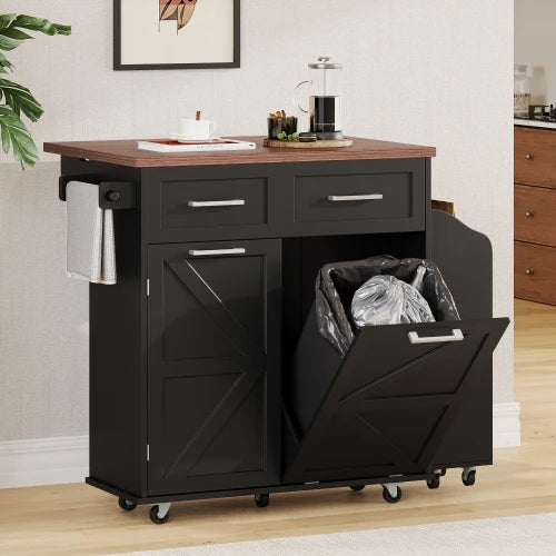 47.2 "Farmhouse Kitchen Island, Kitchen Storage Island with Removable Side Shelves, Two Drawers, Towel Rack, Black