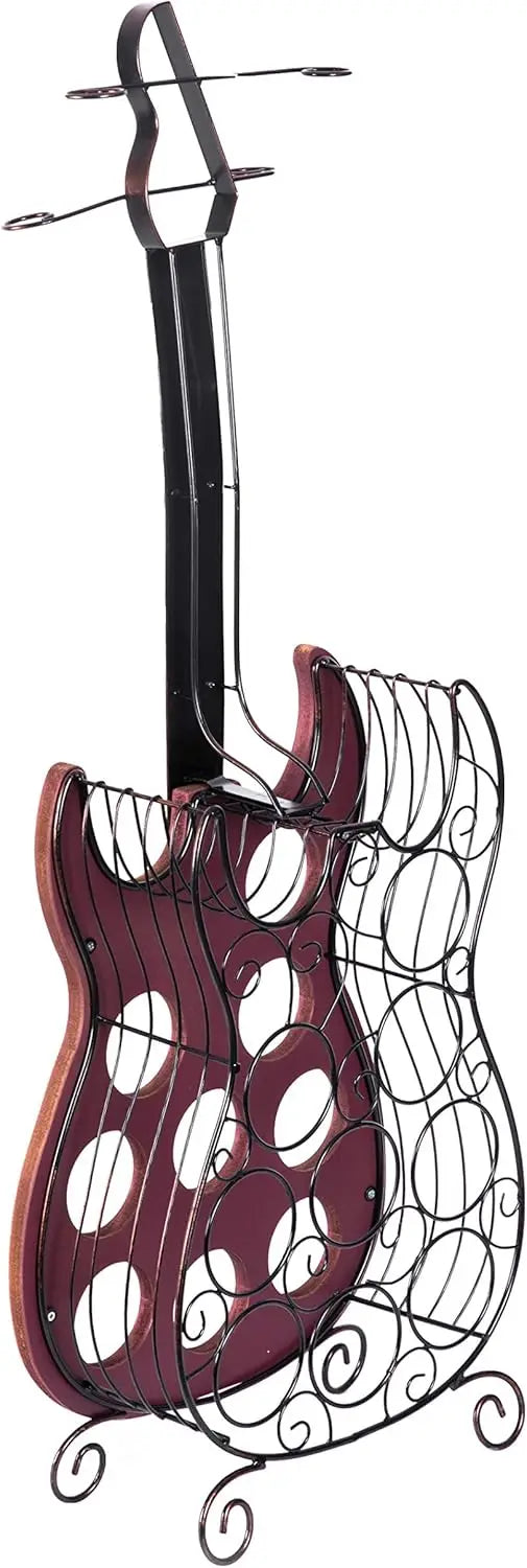 Vintage Guitar Shaped Wine Rack Holds 9 Bottles Wood and Metal