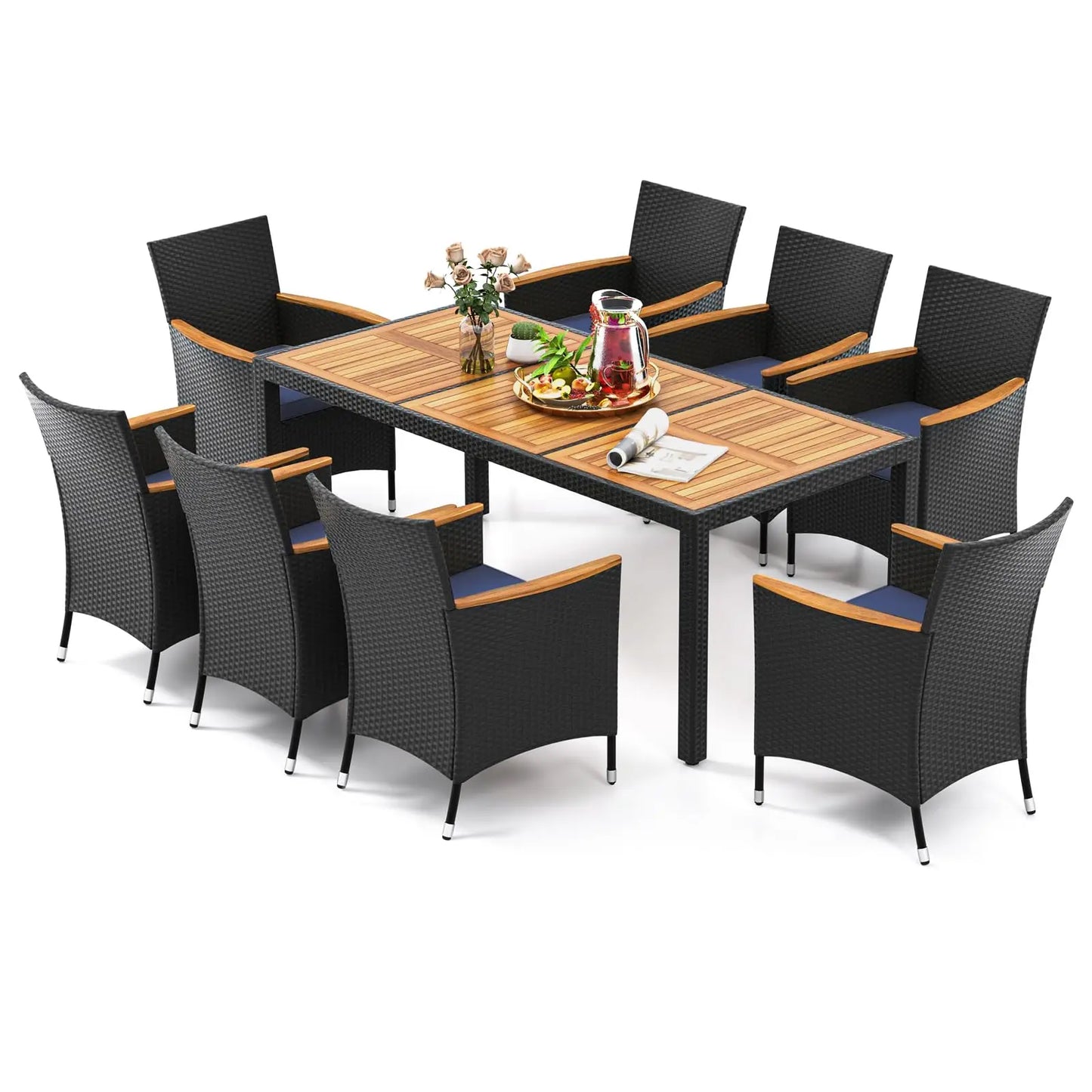 Rattan Outdoor Dining Set 9 Pieces With Cushioned Wicker Chairs