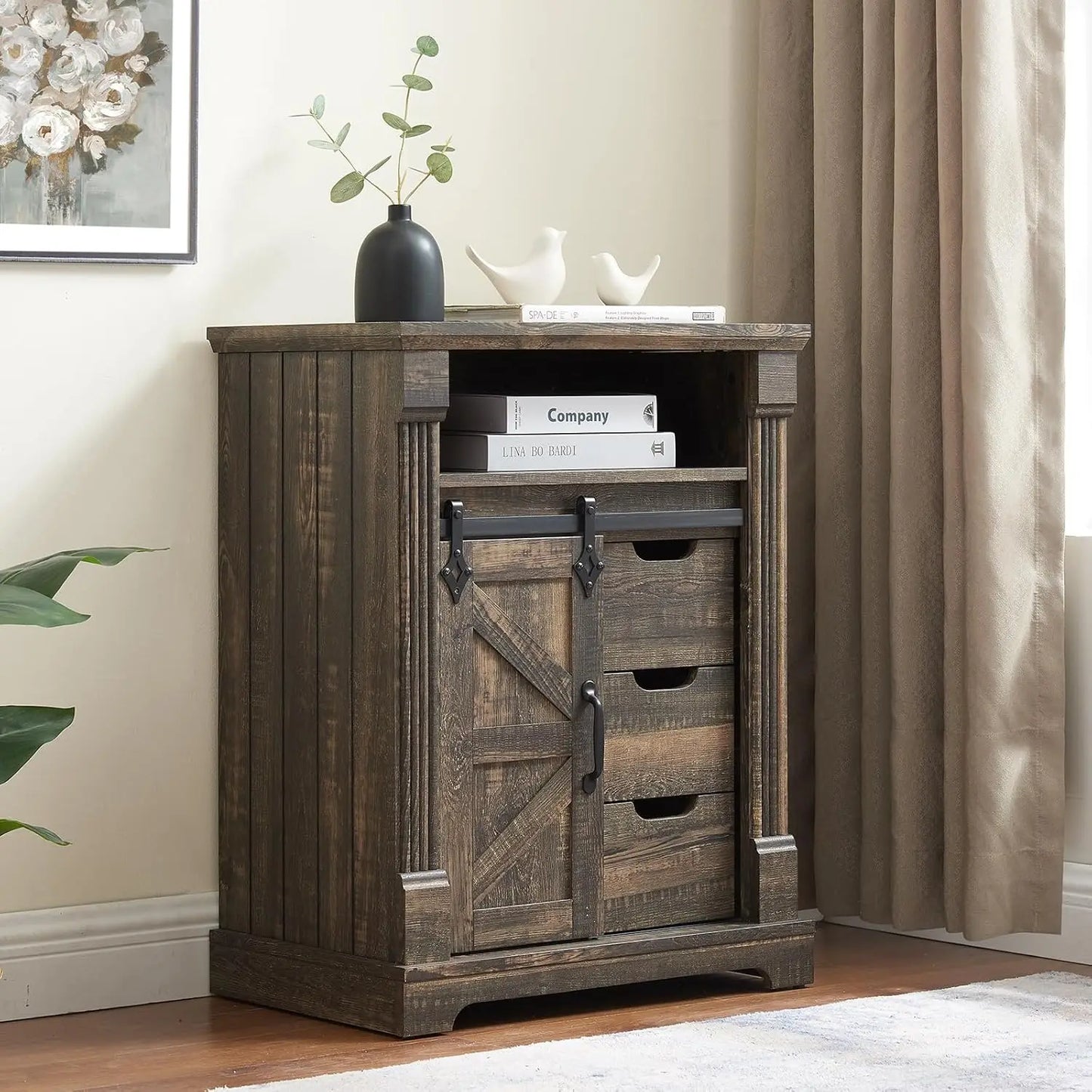 Wooden Storage Cabinet With Oak Barn Door And Shelf
