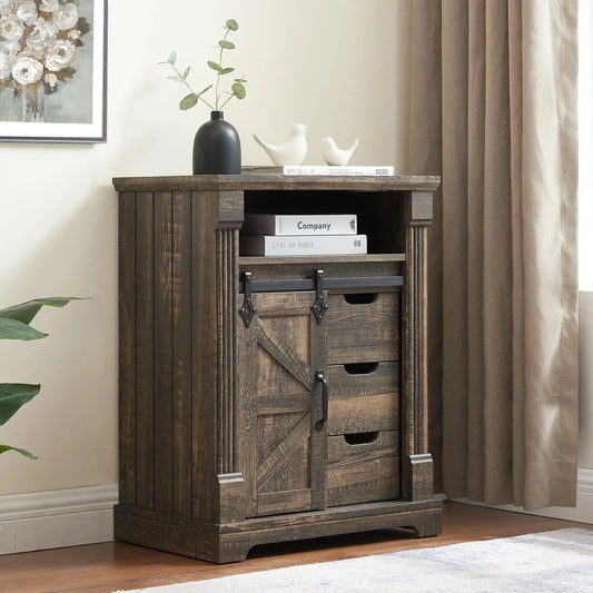 Wooden Storage Cabinet With Oak Barn Door And Shelf