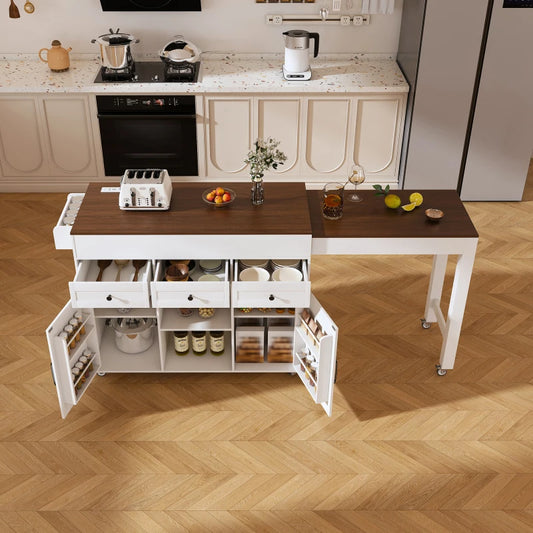 74.8" Kitchen Island with Extendable Dining Table & Power Outlet - Rolling Storage Cart on Wheels with 3 Drawers