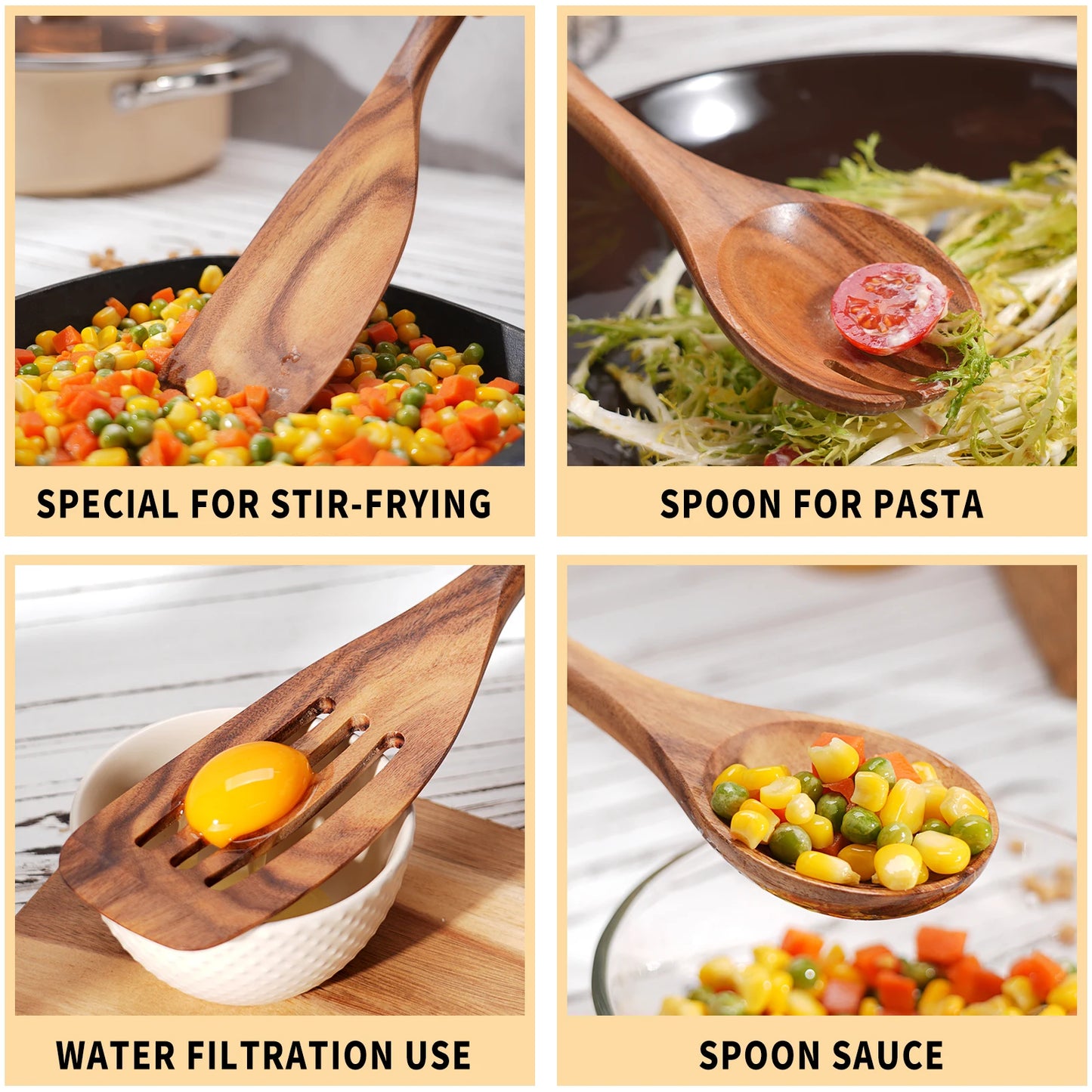 NONED 9 Piece Wooden Kitchen Utensils Set With Spoons