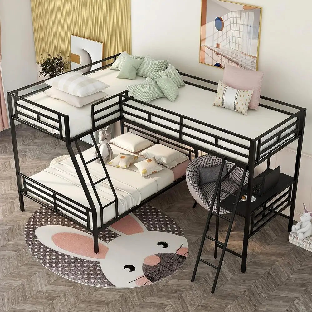 Triple Bunk Bed With Desk Metal Frame For Kids Teens Adults