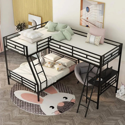 Triple Bunk Bed With Desk Metal Frame For Kids Teens Adults