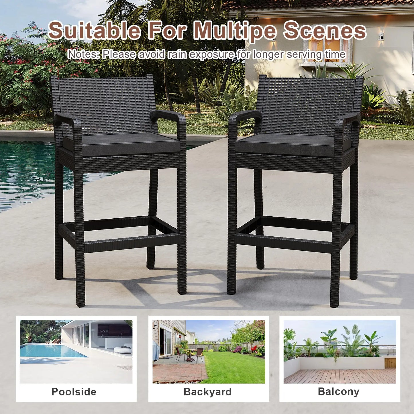 HiMISS Outdoor Wicker Bar Stools Set of 2 with Cushions