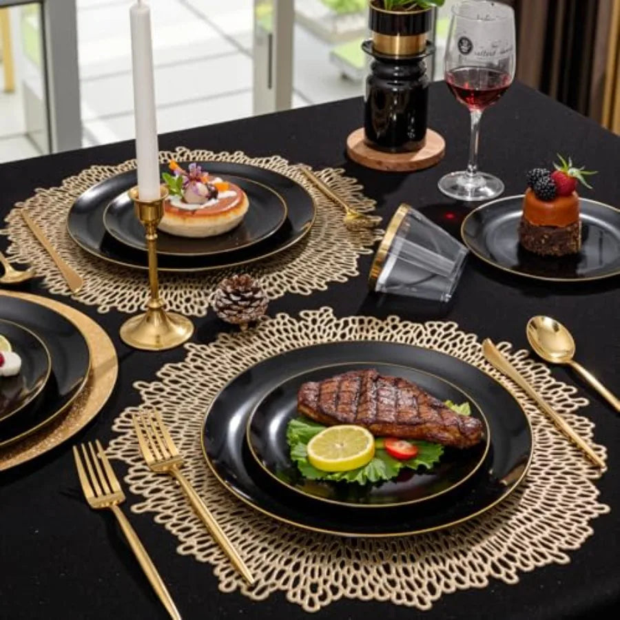 150PCS Black and Gold Plastic Plates - Black Gold Plastic Dinnerware Set Disposable - Include 25 Dinner/ 25 Dessert Plates, 25