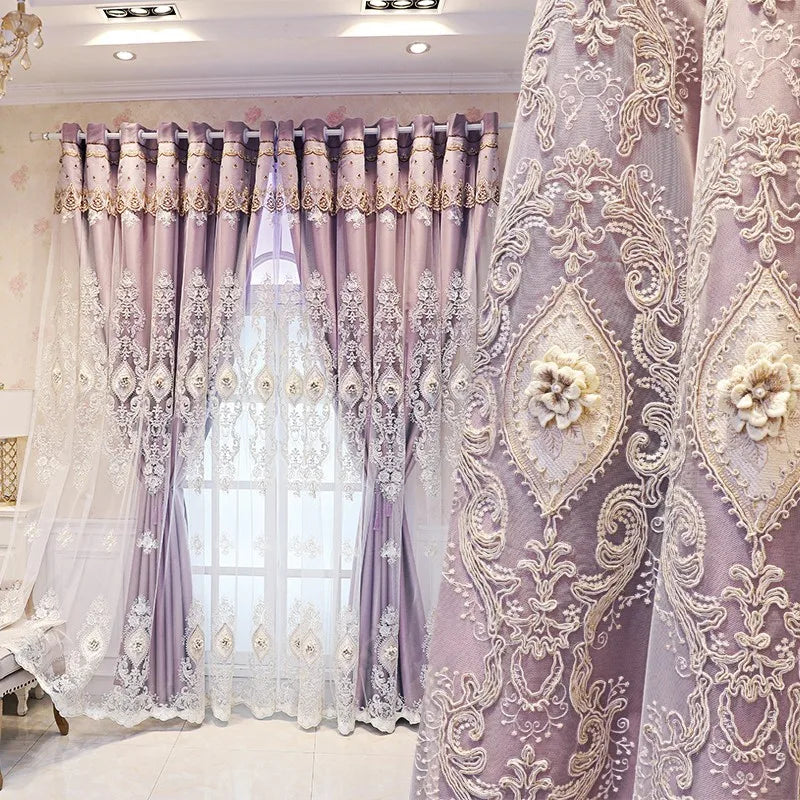 Vintage Embroidered Curtains With 3D Relief Dual Layer Privacy