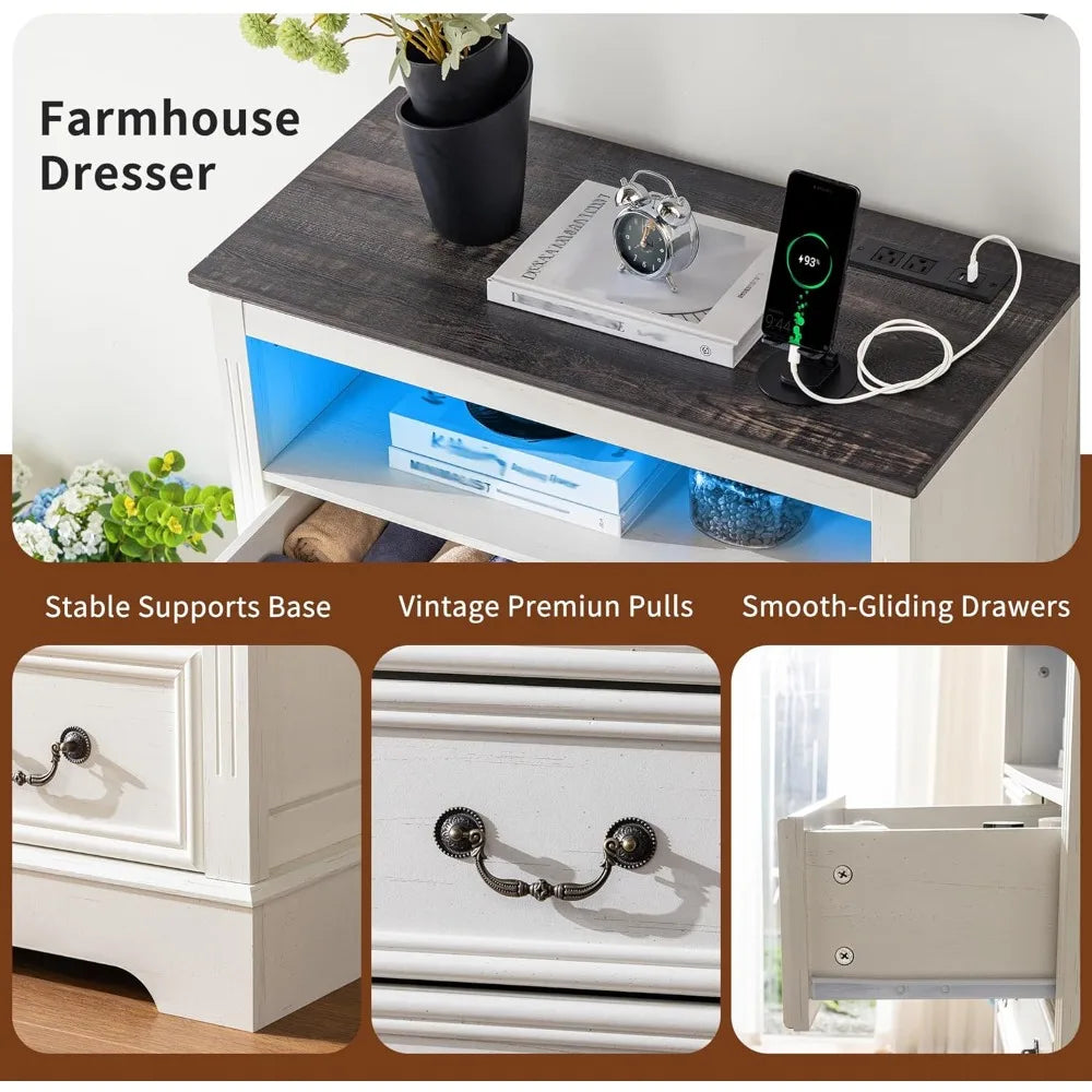 TIFICY Dresser With Charging Station And LED Light Six-Drawer