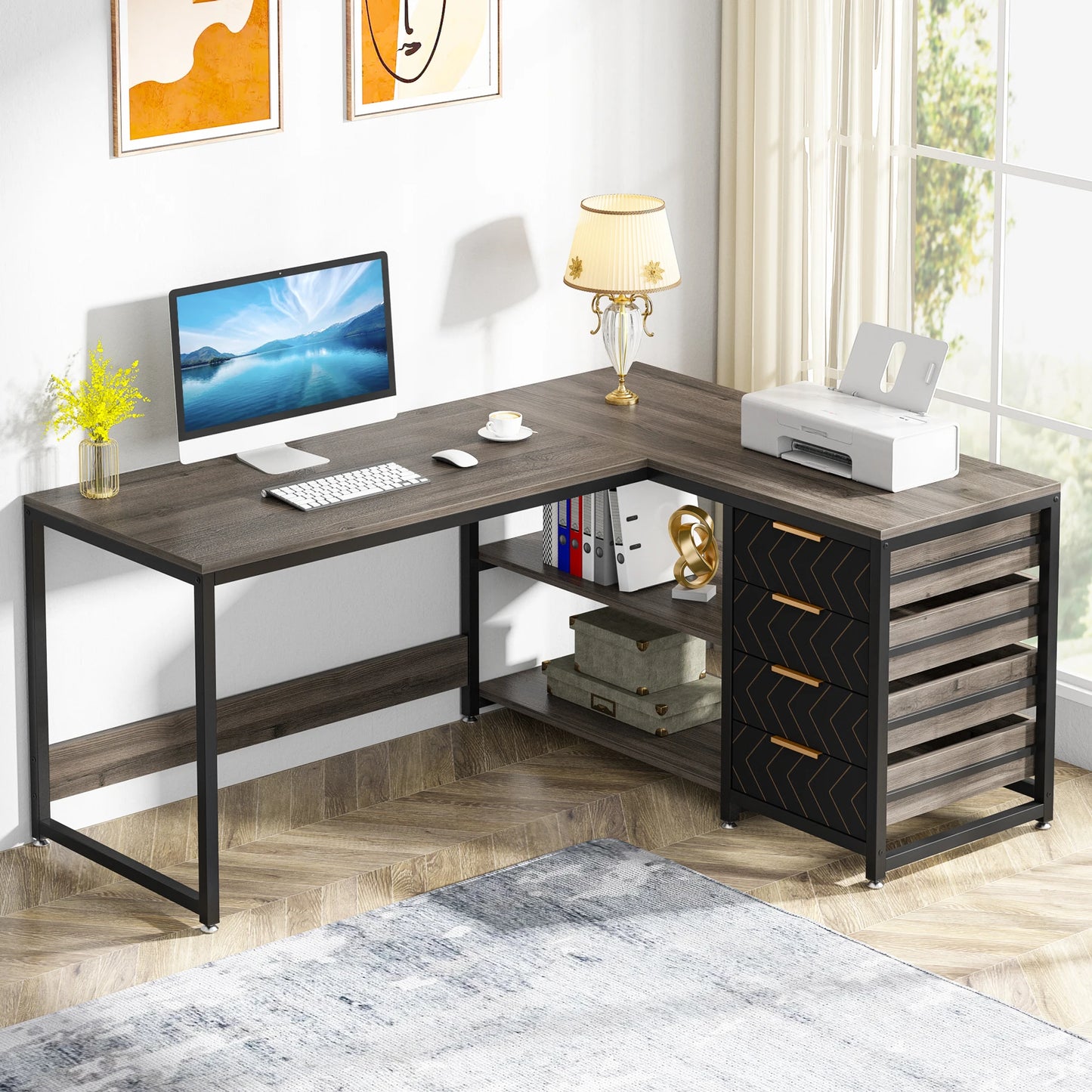 Tribesigns L Shaped Computer Desk With Storage Drawers And Shelves