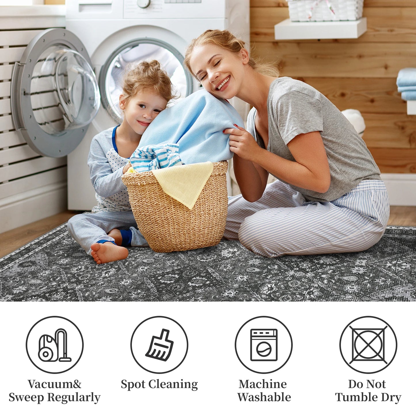 Machine Washable Non Slip Low Pile Moroccan Trellis Rug Stain Resistant