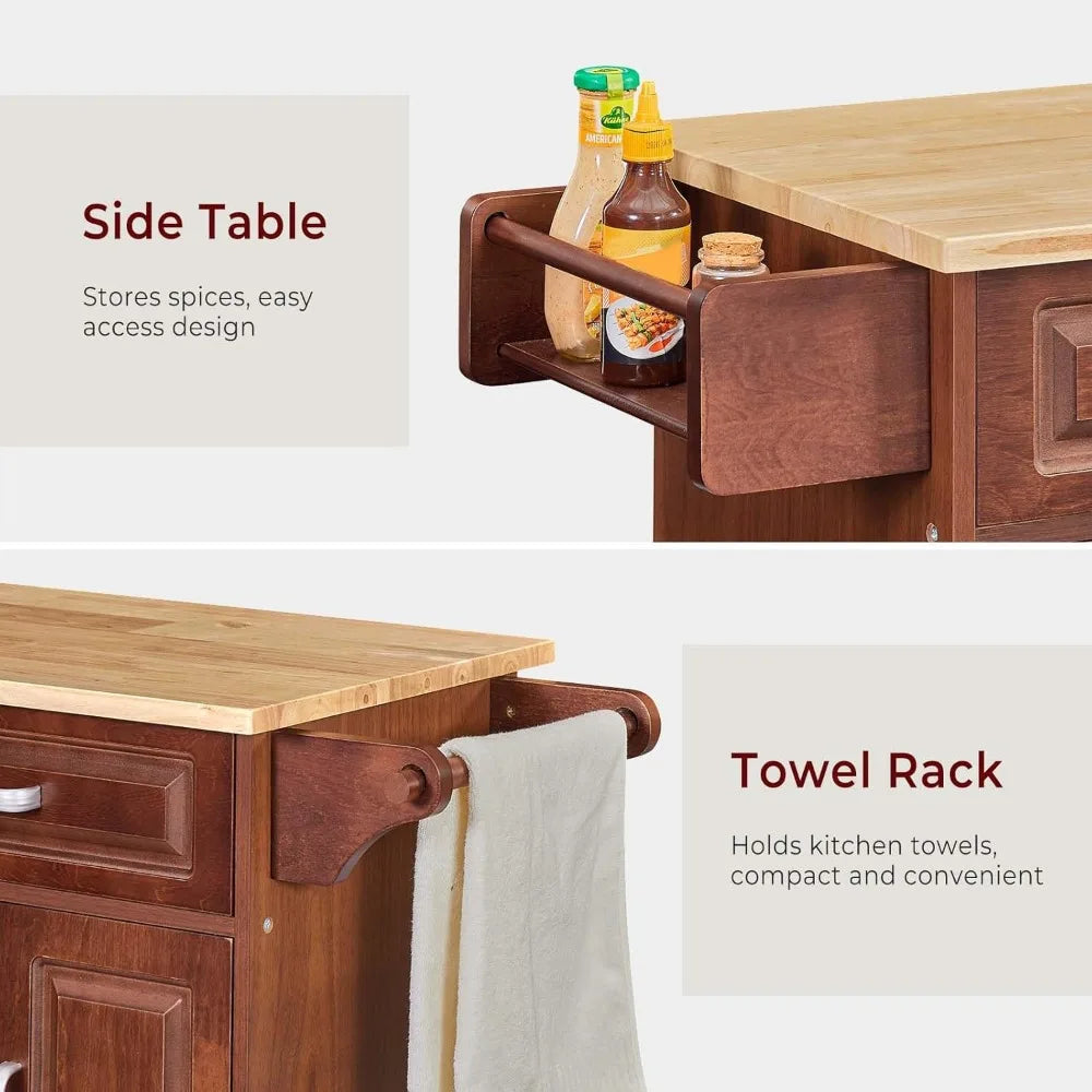 Walnut 54" Rolling Kitchen Island on Wheels, Large Kitchen Cart with Storage Cabinet, Portable Wood Island Table with 2 Drawers
