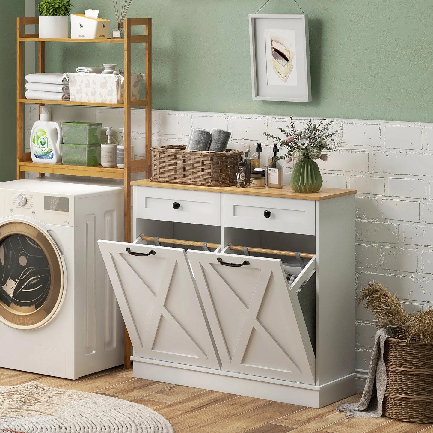 HOMCOM Tilt Out Laundry Cabinet With Two Baskets And Drawers
