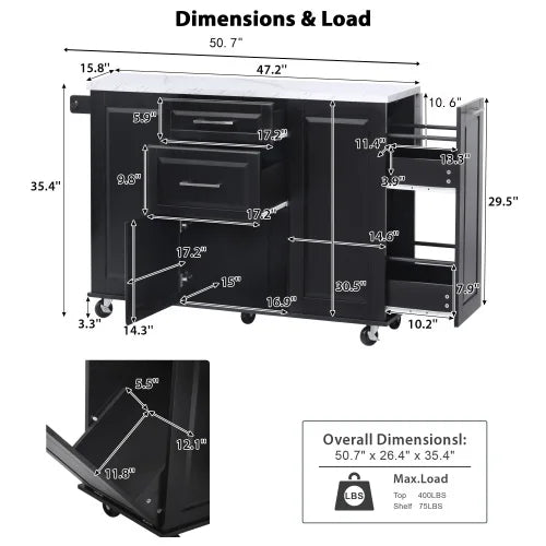 50.7in kitchen island with storage tilt bin cabinet and pull-out cabinet,5-wheel rolling kitchen island with fallen leaves,black