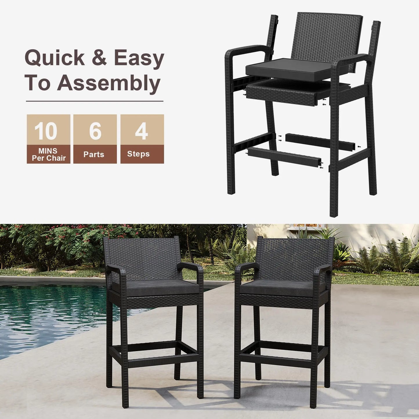 HiMISS Outdoor Wicker Bar Stools Set of 2 with Cushions
