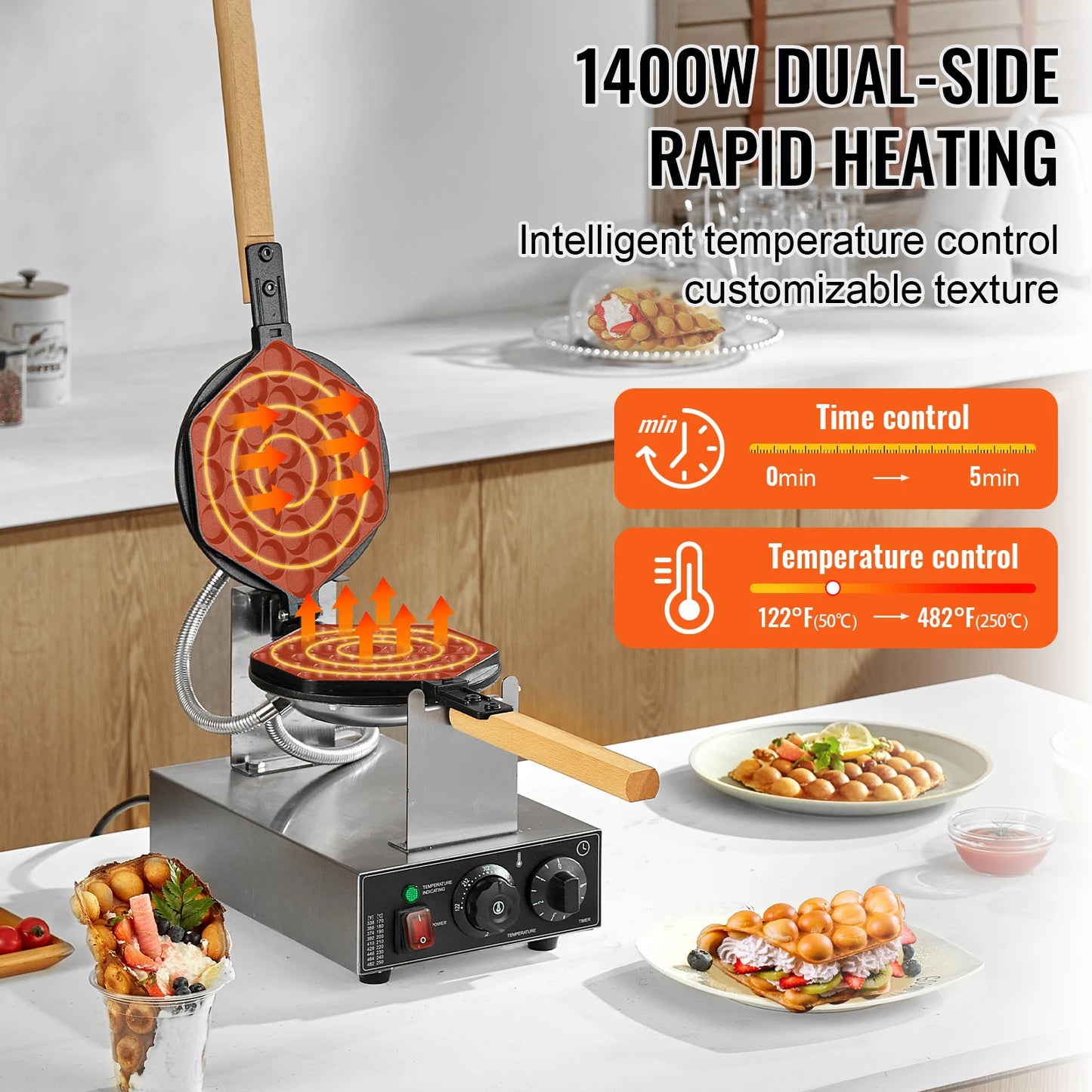 VEVOR SucceBuy Commercial Egg Bubble Waffle Maker 1400W Rotatable 2 Pans
