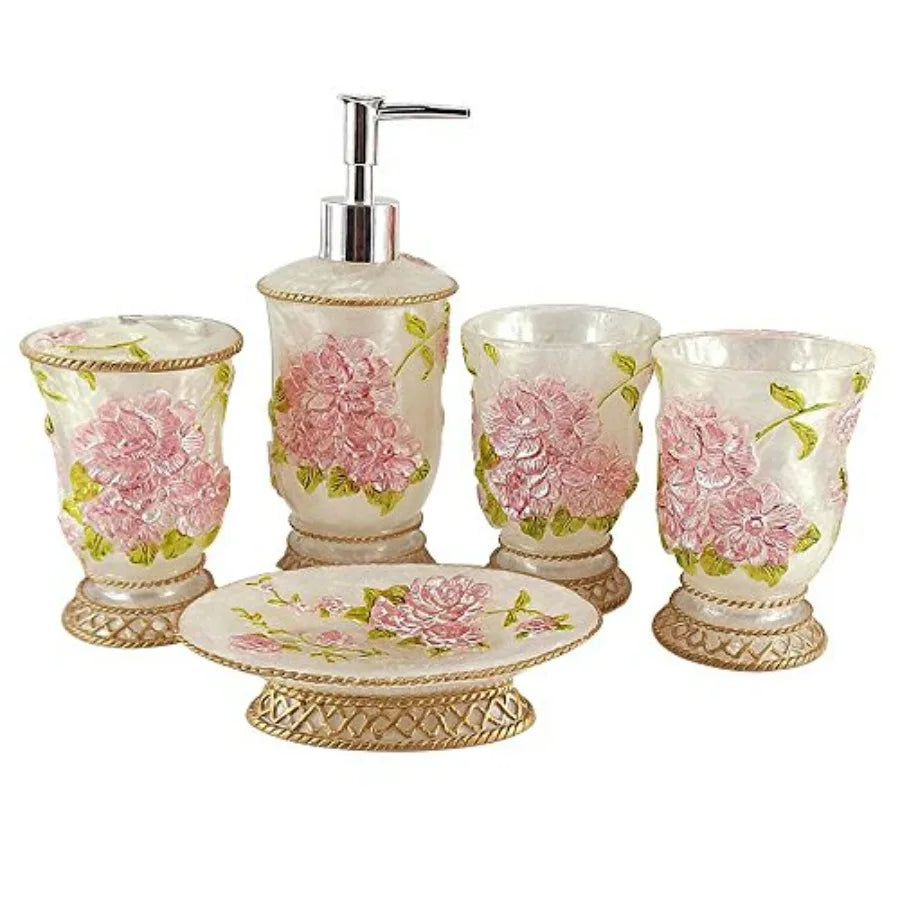 Vintage Gold Finish 5 Piece Bathroom Set Soap Dispenser Holder