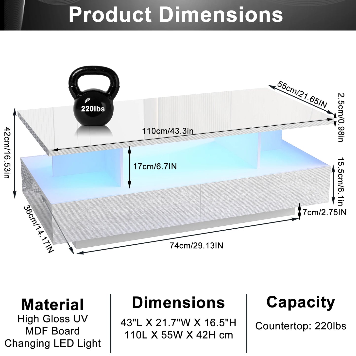 QiaoShiRen Modern LED Coffee Table With Two Storage Drawers