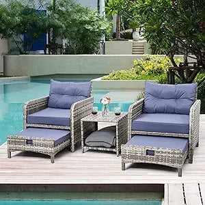 5-Piece Rattan Patio Furniture Set With Ottomans And Coffee Table