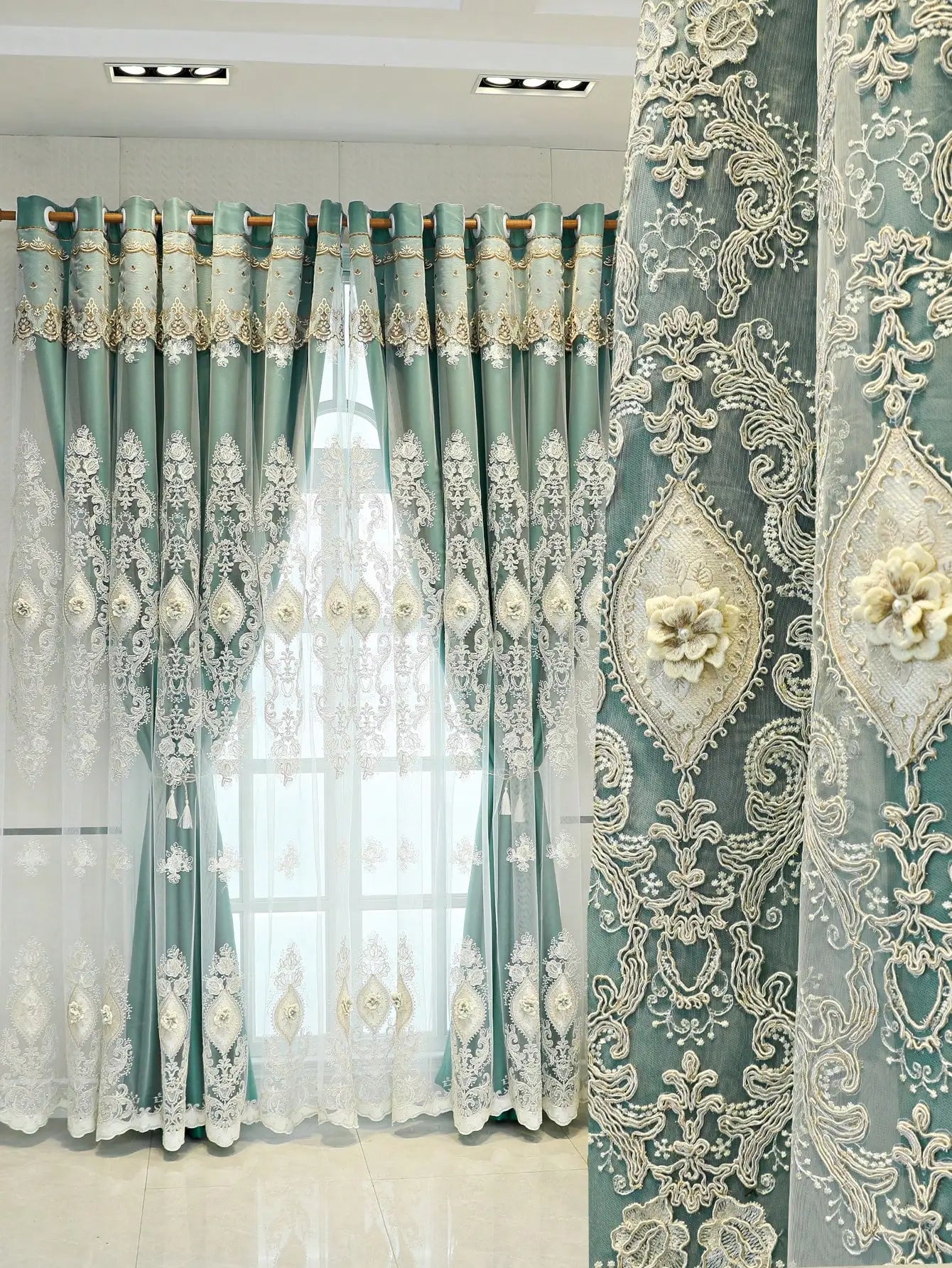 Vintage Embroidered Curtains With 3D Relief Dual Layer Privacy