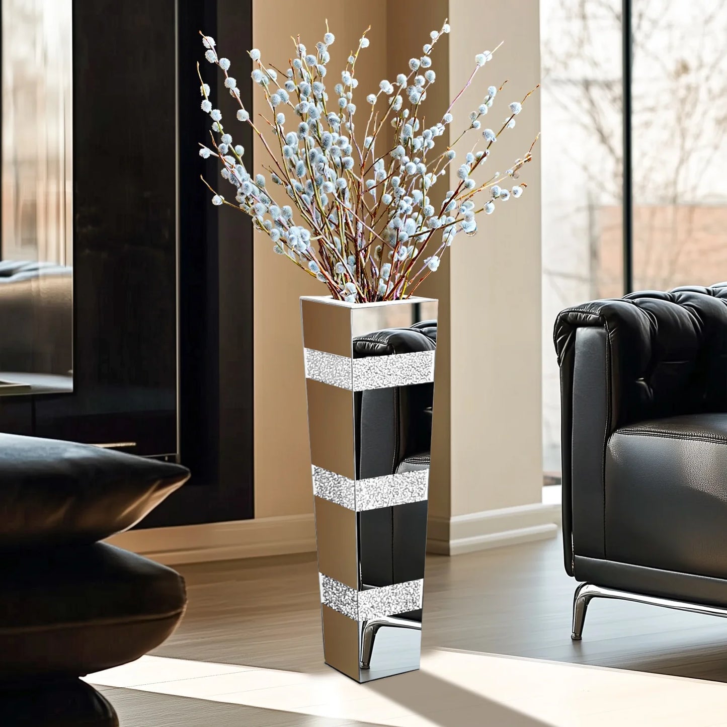 Crushed Diamond Mirrored Floor Vase Glass For Pampas Grass