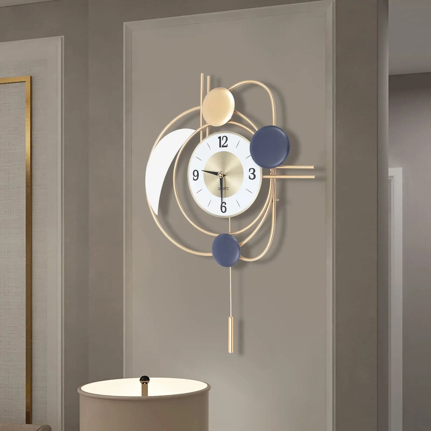 Modern Metal Wall Clock With Silent Quartz Movement And Swing Pendulum
