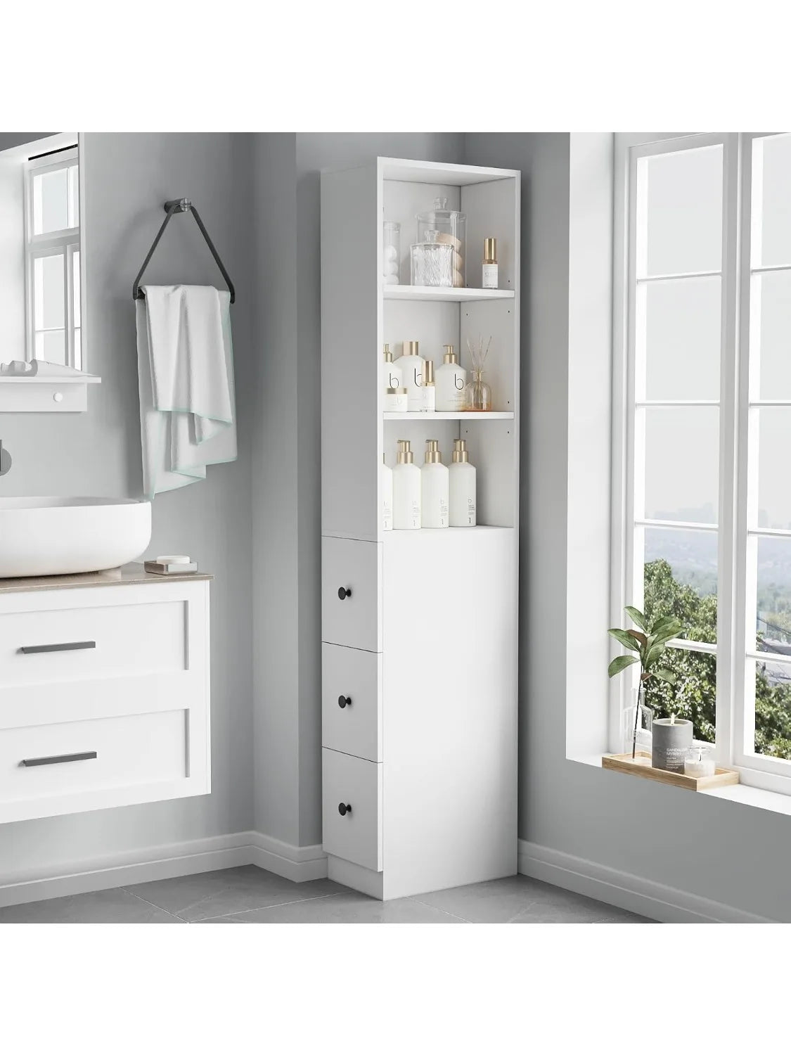 XMSJ Storage Cabinet Tall Narrow Bathroom Organizer With Three Level Shelves