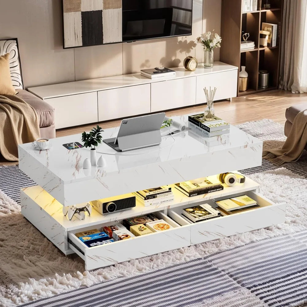 Modern Coffee Table With Wireless Charging, Bluetooth Speaker, Storage Drawers