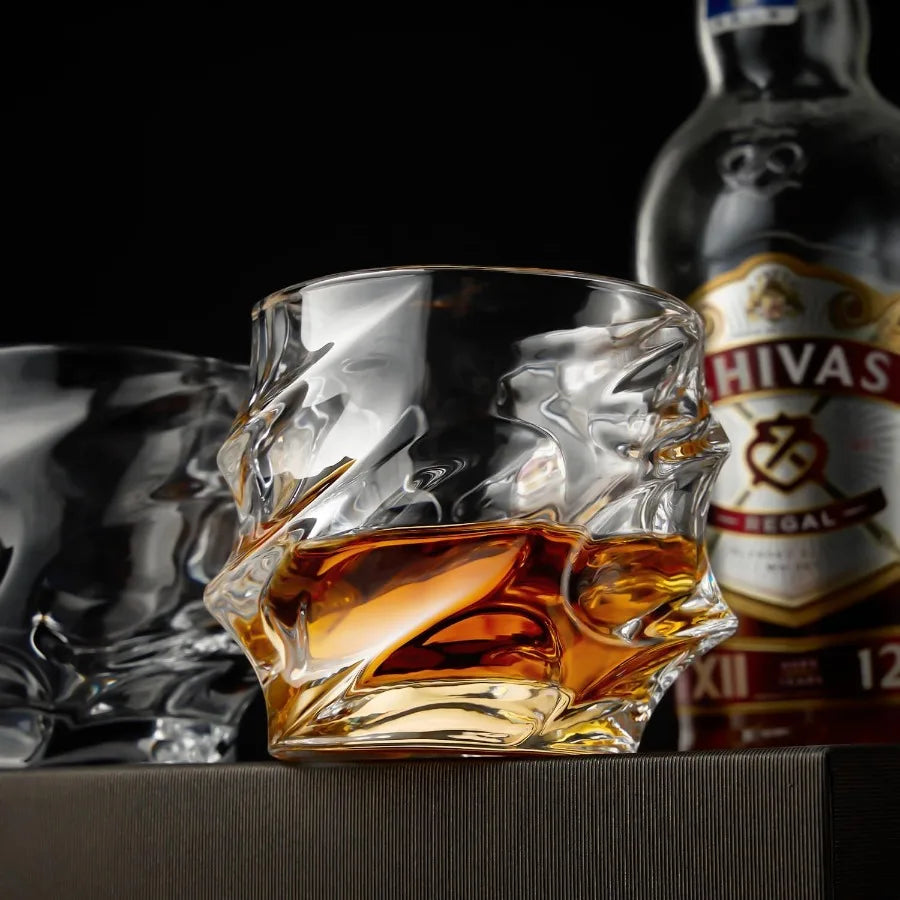 12 oz Hand Blown Crystal Whiskey Glasses Set of 4 Unique Cognac Glass with Heavy Thick Bottom for Scotch Bourbon Rum Gin Water